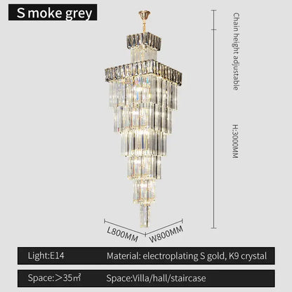 Decorbites crystal chandelier with smoke grey tiers, electroplated gold frame, and k9 crystal strands for villa staircases
