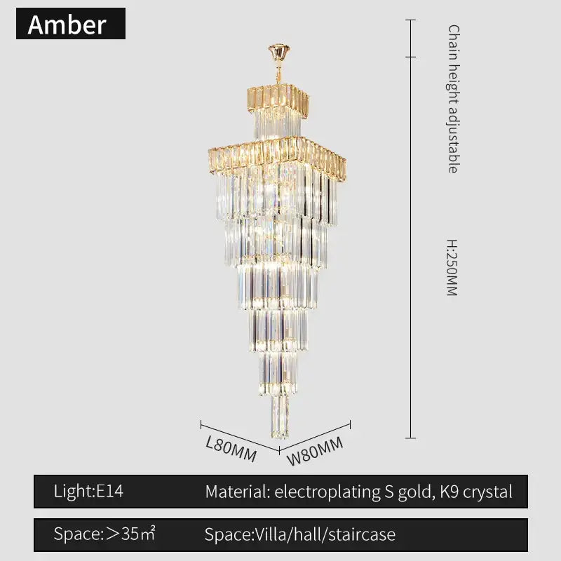 Amber decorbites crystal chandelier with tiered crystal cascades and electroplated gold frame for villa staircase lighting