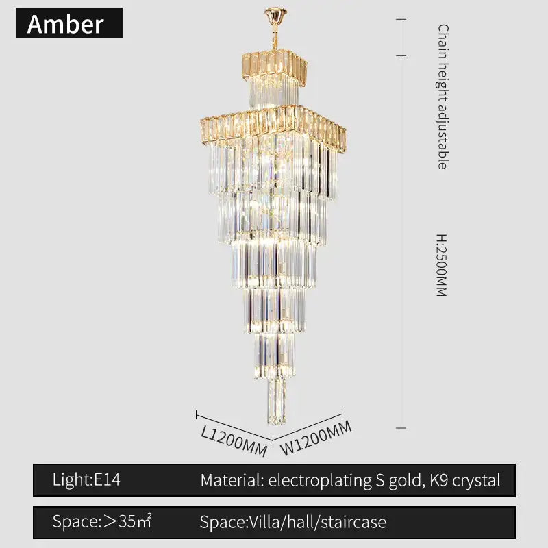 Amber decorbites crystal chandelier with tiered cascading crystal strands and gold electroplated frame for villas