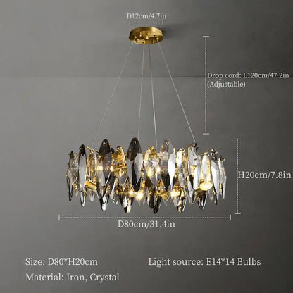 DecorBites crystal chandelier with faceted crystal and gold metal in a circular design for living room and dining table lighting