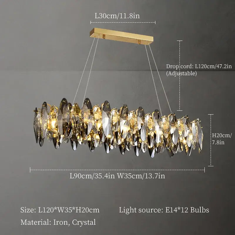 Gold-toned decorbites crystal chandelier with elongated oval design and cascading crystal teardrops for living room lighting