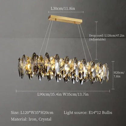 Gold-toned decorbites crystal chandelier with elongated oval design and cascading crystal teardrops for living room lighting