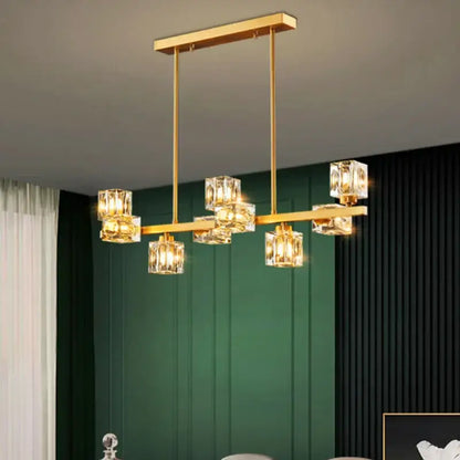 Gold-toned DecorBites crystal chandelier with clear crystal cube shades for elegant living and dining room lighting