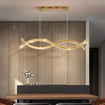 Gold-toned DecorBites crystal chandelier pendant light with sleek double-loop design and sparkling crystal accents for elegant rooms