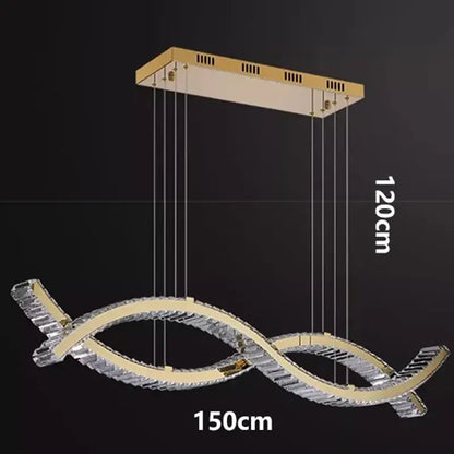 Gold-toned rectangular decorbites crystal chandelier pendant light with intertwined crystal curves for dining room and living room