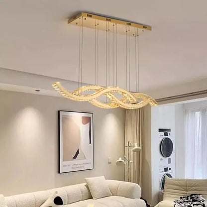 Gold-toned modern pendant light with sleek intertwined design and embedded led lights from DecorBites crystal chandelier