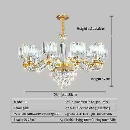 Gold-finished decorbites crystal chandelier with crystal accents and height-adjustable design for living and bedroom use