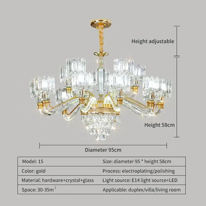 Gold-finished decorbites crystal chandelier with crystal glass arms and adjustable 58cm height for living room or bedroom