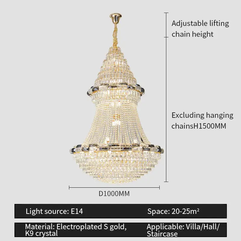 Luxurious decorbites crystal chandelier with tiered k9 crystal and electroplated gold accents for villa and staircase lighting