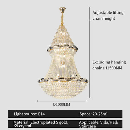 Luxurious decorbites crystal chandelier with tiered k9 crystal and electroplated gold accents for villa and staircase lighting