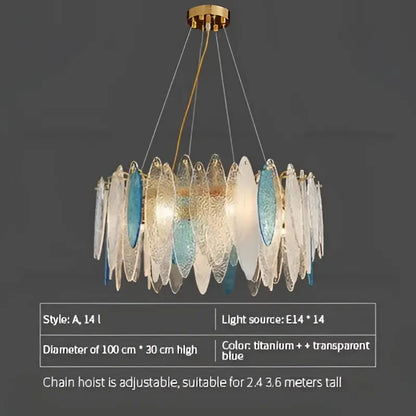 DecorBites crystal chandelier with circular design featuring blue and clear glass discs on gold chains for elegant spaces