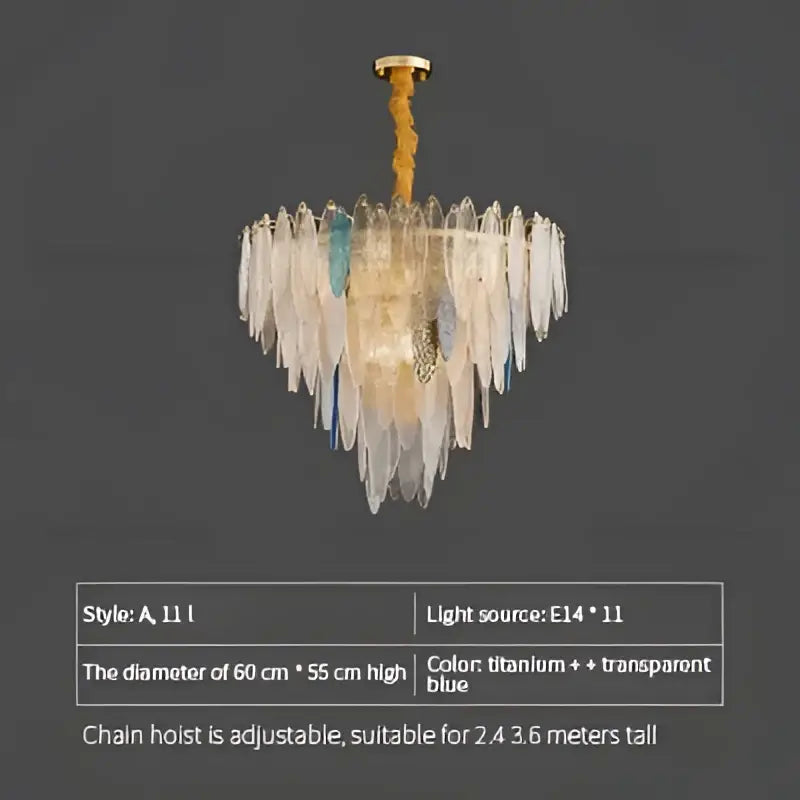 DecorBites crystal chandelier with cascading blue-tinted glass shards and gold chain in elegant European style lighting