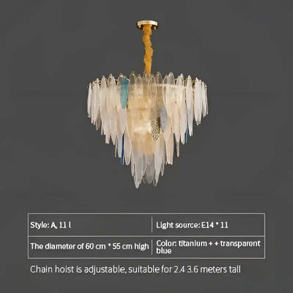 DecorBites crystal chandelier with cascading blue-tinted glass shards and gold chain in elegant European style lighting