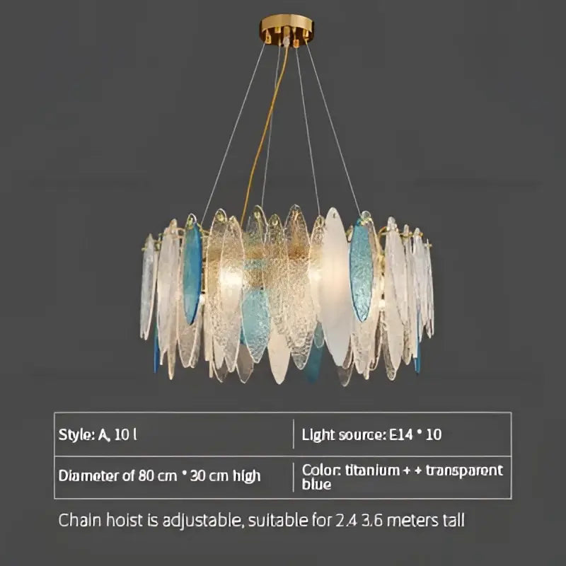 DecorBites crystal chandelier with golden chain and layered translucent blue glass leaf shades for living rooms