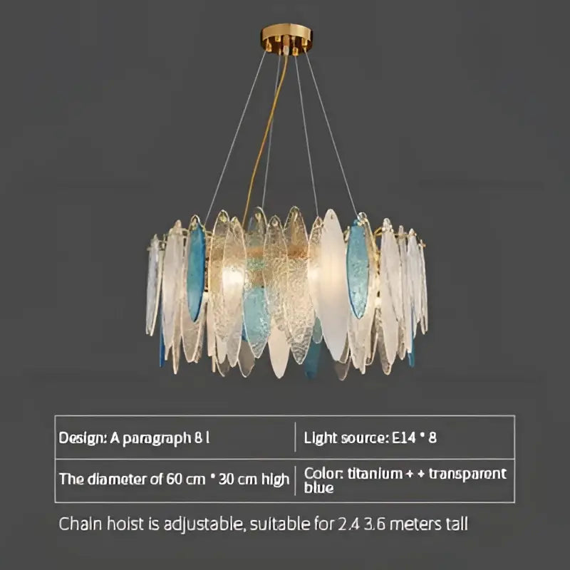 Decorbites crystal chandelier with translucent blue and clear glass leaf panels on gold metal frame for elegant interiors