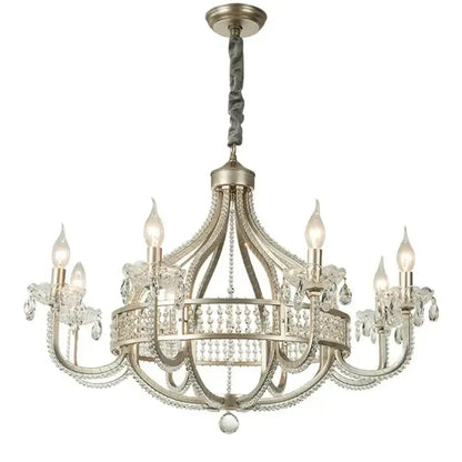Antique silver decorbites crystal chandelier with chrome accents and six candle-style bulbs for living room lighting