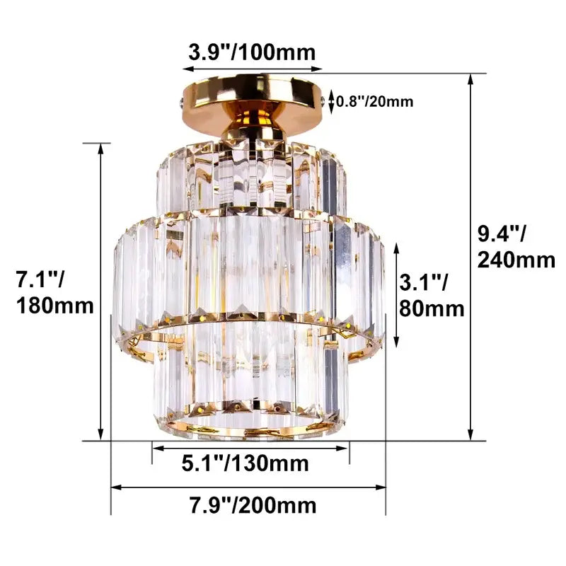 Gold-finished decorbites crystal chandelier with tiered faceted glass panels and polished brass base for elegant lighting