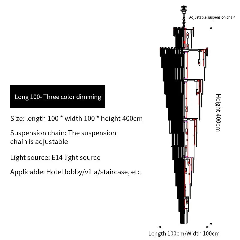 Adjustable suspension chain for 100cm long three-color dimming decorbites crystal chandelier with e14 light source