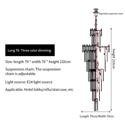 Adjustable suspension chain for 70cm three-color dimming decorbites crystal chandelier with e14 light source