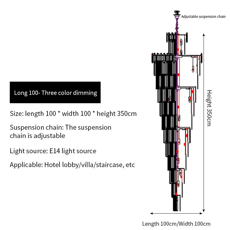 A tall tiered decorbites crystal chandelier with three-color dimming and adjustable suspension for luxury interiors