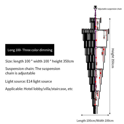A tall tiered decorbites crystal chandelier with three-color dimming and adjustable suspension for luxury interiors
