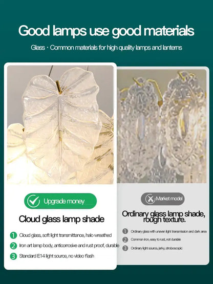 Clear leaf-shaped glass lamp shade with frosted finish and cut patterns on decorbites crystal chandelier lamp
