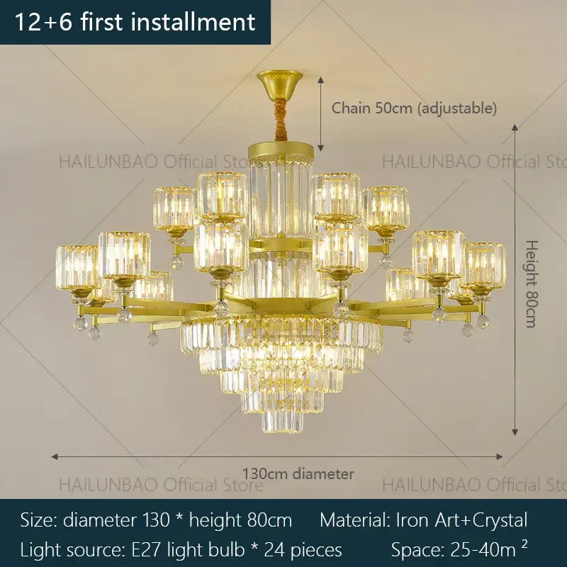 Gold-toned decorbites crystal chandelier with iron art and multiple tiers of crystal prisms for elegant villa lighting