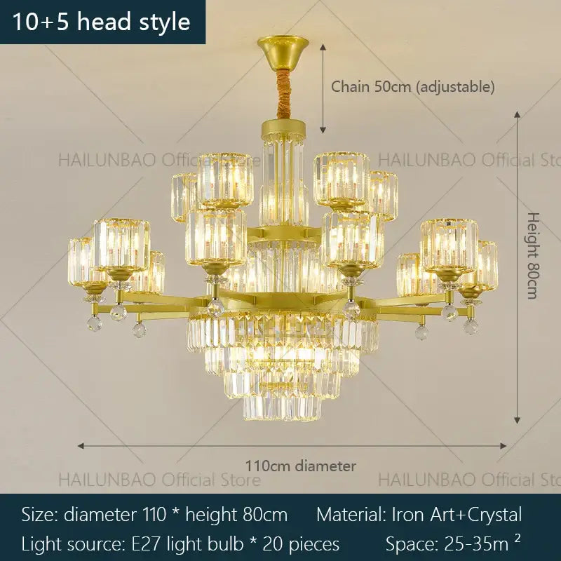 Decorbites crystal chandelier golden 10 plus 5 head with crystal accents and adjustable chain for living room lighting