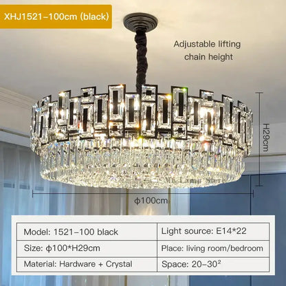 DecorBites crystal chandelier black metal frame with rectangular and cascading clear crystal prisms for elegant lighting