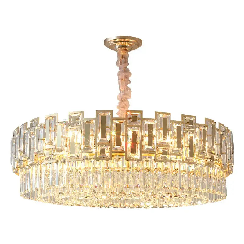 Gold-toned decorbites crystal chandelier with cascading crystal prisms and twisted central stem for elegant home lighting