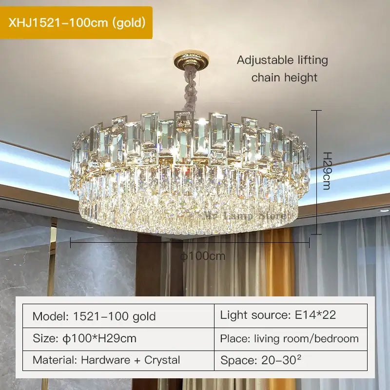 DecorBites crystal chandelier model xhj1521-100cm with gold finish and clear crystal prisms for elegant home lighting