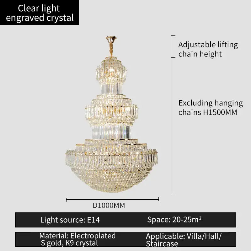 Decorbites crystal chandelier with multi-tier clear engraved crystal and electroplated gold accents for elegant lighting