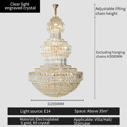 Multi-tiered decorbites crystal chandelier with clear engraved crystal and gold electroplated accents for elegant spaces