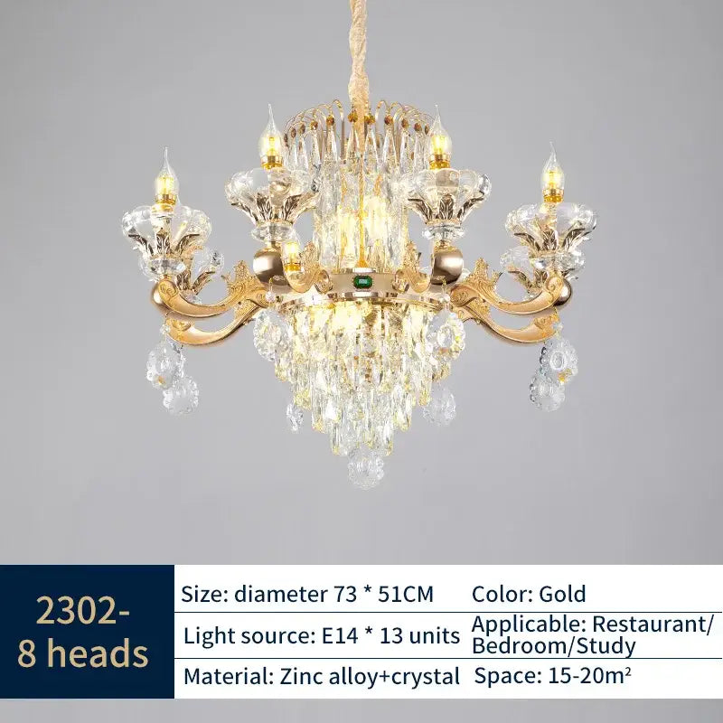 Gold-toned decorbites crystal chandelier with intricate crystal droplets and zinc alloy ornate arms for elegant lighting