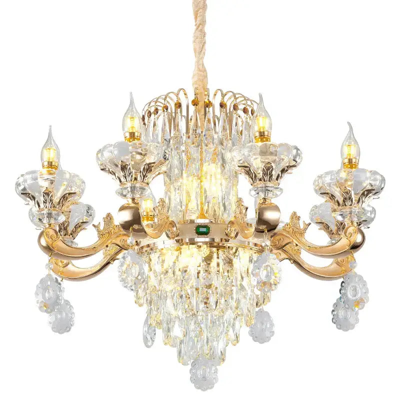 Gold-toned decorbites crystal chandelier with intricate crystal droplets and green gemstone for elegant living spaces