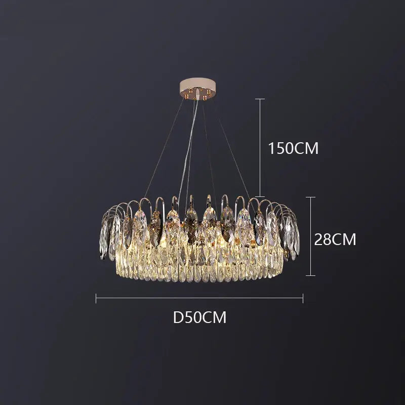A modern decorbites crystal chandelier pendant light with a gold-toned frame and cascading clear crystal droplets