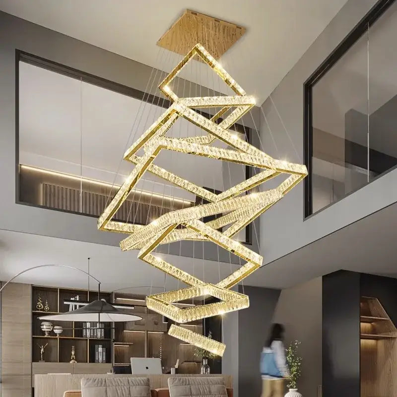 Golden geometric decorbites crystal chandelier with crystal accents and wooden ceiling mount for elegant living rooms