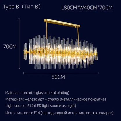 Gold-toned decorbites crystal chandelier with clear glass tubes and modern geometric pendant lighting for luxury spaces