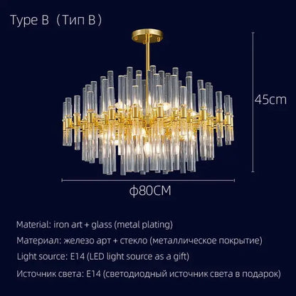 Gold-plated iron and clear glass DecorBites crystal chandelier with modern radial design pendant lighting for luxury spaces
