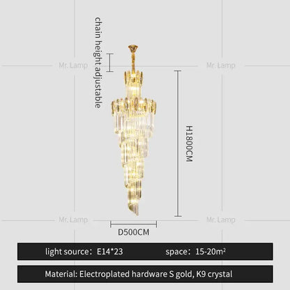 Gold electroplated decorbites crystal chandelier with cascading k9 crystal tiers for elegant duplex living room lighting