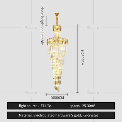 Gold electroplated decorbites crystal chandelier with cascading k9 crystal tiers for elegant minimalist duplex lighting
