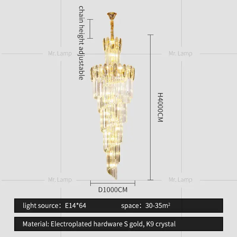 Golden electroplated decorbites crystal chandelier with cascading tiers of k9 crystal for elegant minimalist duplex lighting