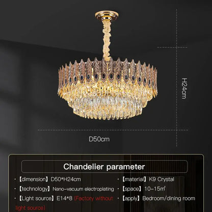 Decorbites crystal chandelier with intricate golden feather-like design and cascading clear k9 crystals for elegant lighting