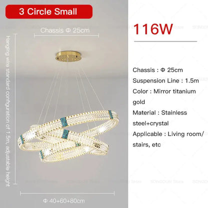 Gold-toned decorbites crystal chandelier with three-tiered circular design and stainless steel construction for living room use