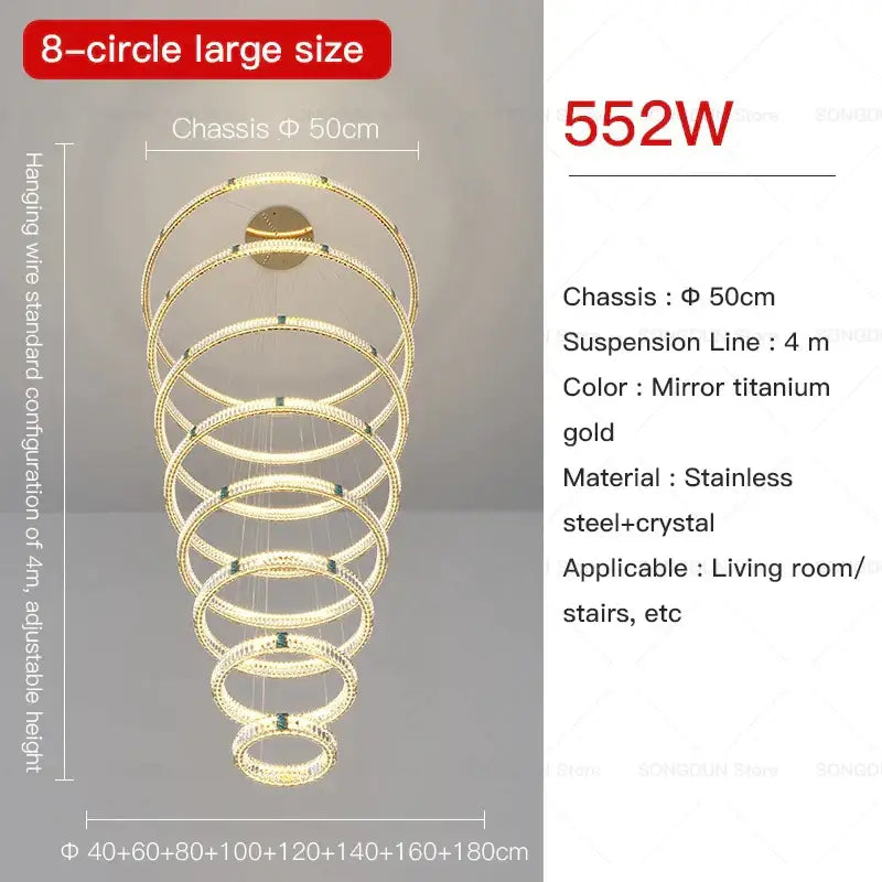 Gold mirror titanium decorbites crystal chandelier with spiral eight interlocking rings in stainless steel and crystal