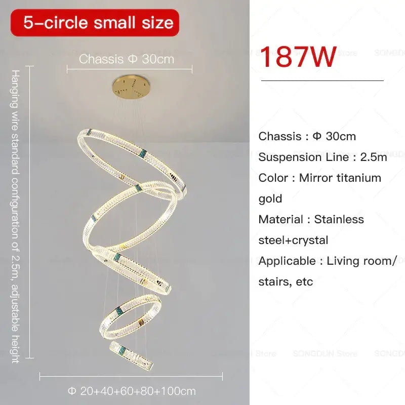 Decorbites crystal chandelier with five interlocking stainless steel and crystal rings in mirror titanium gold finish