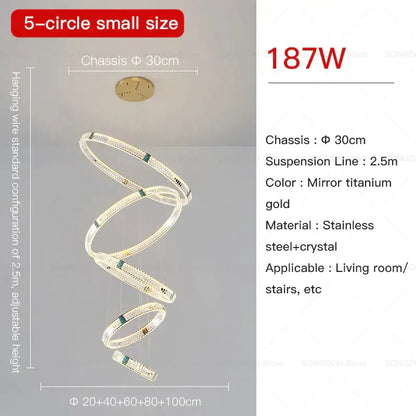 Decorbites crystal chandelier with five interlocking stainless steel and crystal rings in mirror titanium gold finish