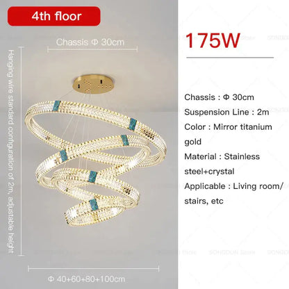 A decorbites crystal chandelier with multiple concentric clear crystal rings in mirror titanium gold stainless steel frame