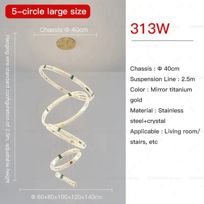 Elegant decorbites crystal chandelier with five interlocking mirror titanium gold rings and crystal for living room lighting