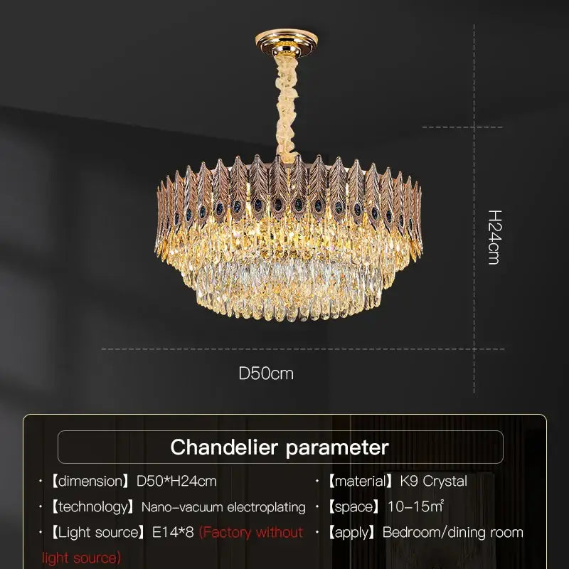 Golden decorbites crystal chandelier with intricate feather-like k9 crystals for elegant living room lighting
